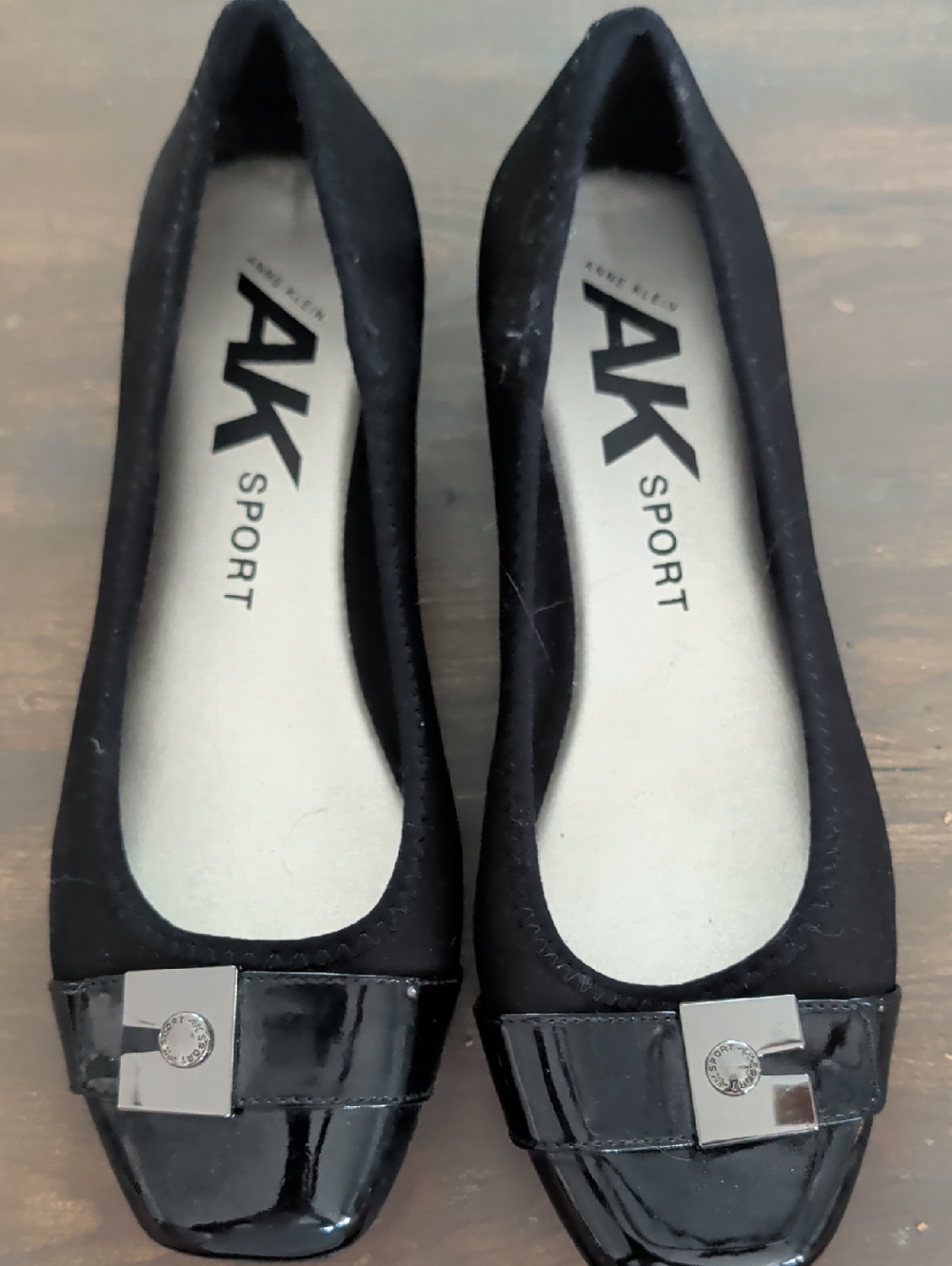 Anne Klein Sport Black Patent-Toe Ballet Flats with Decorative Accent